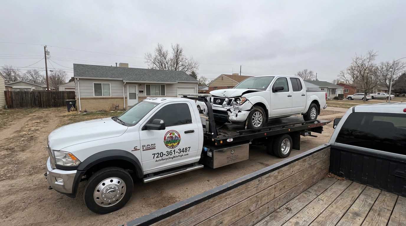 White 2017 Nissan Frontier loaded on an Auto Recycling Mile High tow truck at a cash-for-cars pickup in the Denver metro