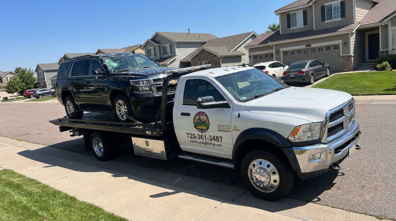 Black 2018 Chevrolet Tahoe loaded on an Auto Recycling Mile High tow truck at a cash-for-cars pickup in the Denver metro
