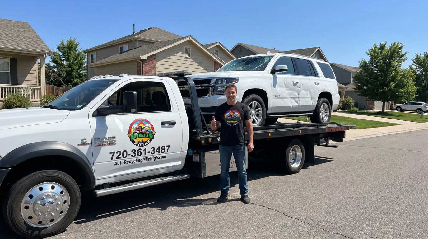 2018 Chevrolet Tahoe loaded on an Auto Recycling Mile High tow truck at a cash-for-cars pickup in the Denver metro