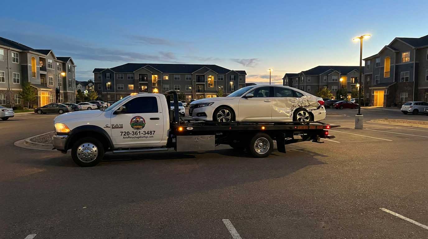 White 2020 Honda Accord loaded on an Auto Recycling Mile High tow truck at a cash-for-cars pickup in the Denver metro