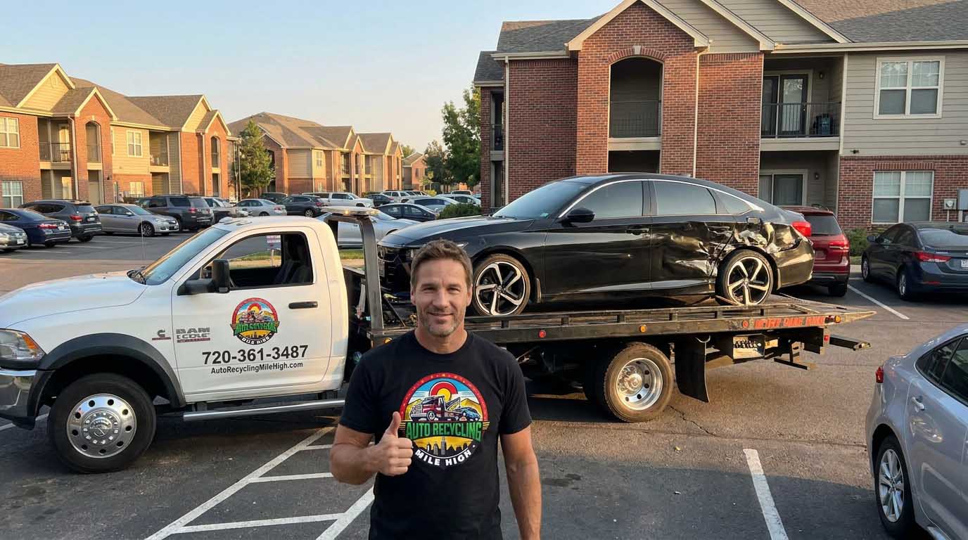 2020 Honda Accord loaded on an Auto Recycling Mile High tow truck at a cash-for-cars pickup in the Denver metro