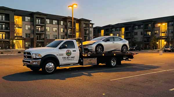 Silver 2026 Toyota Prius on an Auto Recycling Mile High flatbed tow truck during a cash-for-cars pickup in Broomfield, Colorado
